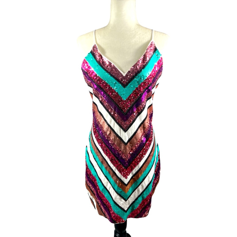 Express Sequin Chevron Mini Dress in Teal, Magenta & White